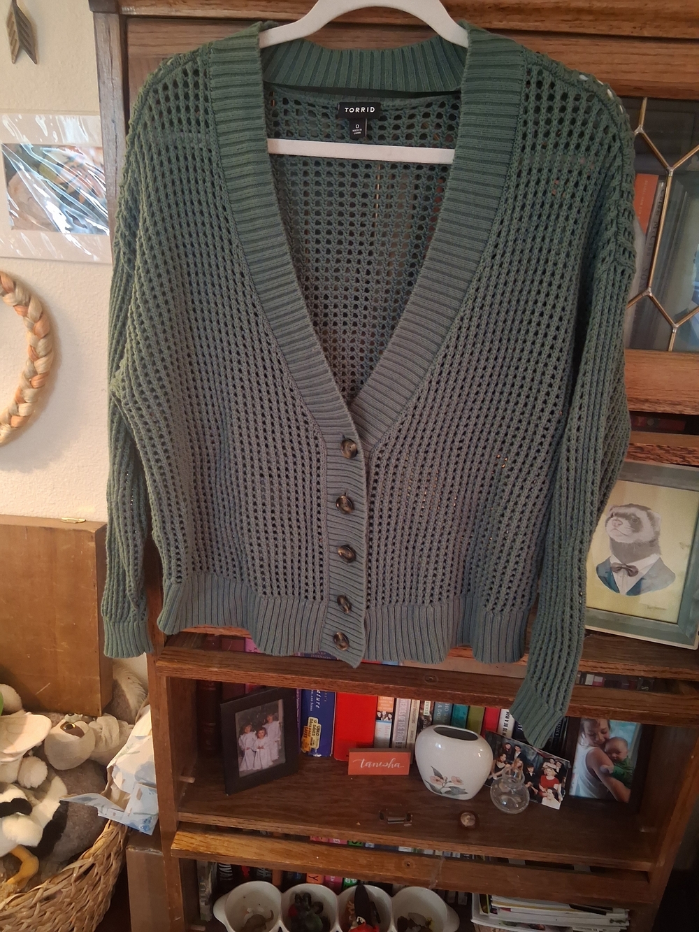 torrid sage green open-knit button cardigan